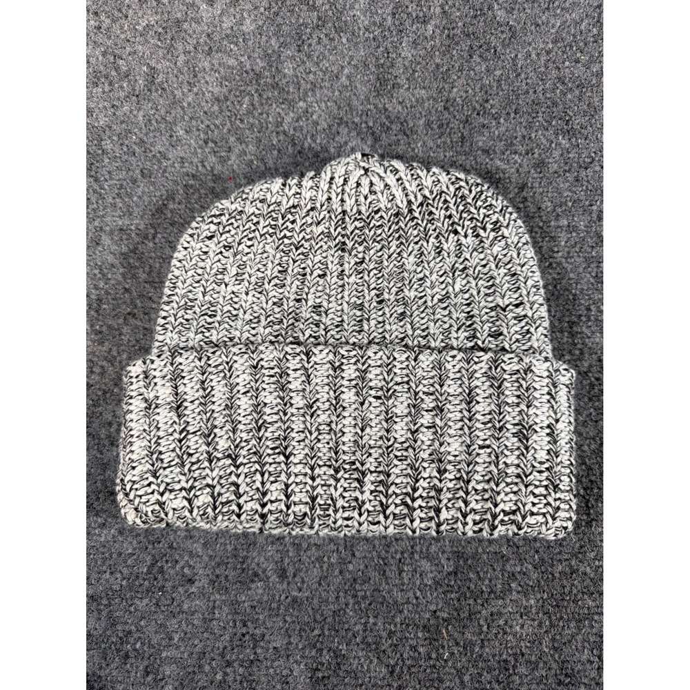 Love Your Melon Beanie Hat Black White Marled Knit Cuffed Leather Patch USA Made - Picture 2 of 6
